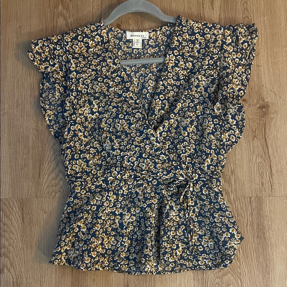 Monteau Navy Floral Tie-Waist Peplum Blouse